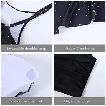 Womens High Waisted Bathing Suits Flounce Halter Tank Top Bikini Bottoms Tummy Control Modest Swimwear Two Piece Swimsuits Tankini Black Star S