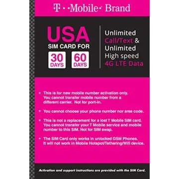 T-mobile Brand USA Prepaid Travel SIM Card Unlimited Call, Text and 4G LTE Data (for use in USA only) (for Phone use only. NOT for Modem/WiFi Devices) (30 Days)