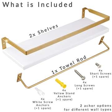 Peter's Goods Modern Floating Shelves with Rail, Modern Brass Finish, Set of 2 Shelves - Wall Mounted Bathroom Wall Shelves with Towel Bar - Also Perfect for Bedroom Decor and Kitchen Storage