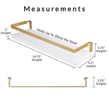 Peter's Goods Modern Floating Shelves with Rail, Modern Brass Finish, Set of 2 Shelves - Wall Mounted Bathroom Wall Shelves with Towel Bar - Also Perfect for Bedroom Decor and Kitchen Storage