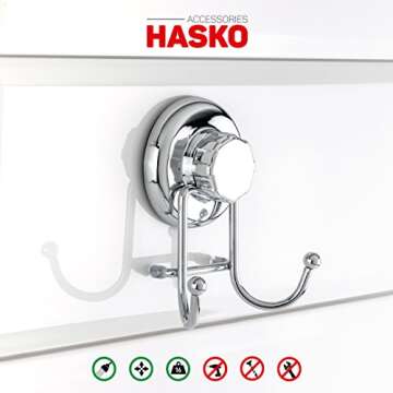 HASKO accessories - Powerful Vacuum Suction Cup Hooks Holder for Towel, Robe and Loofah - Stainless Steel Hook for Bathroom and Kitchen (Chrome)