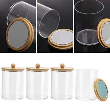Tbestmax 4 Pack Qtip Holder Dispenser - 10-Ounce Apothecary Jars Bamboo Lids with Mirror for Cotton Ball Swab Pad, Bathroom Organizers and Storage Containers