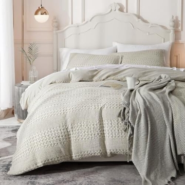 Ivellow Duvet Cover King Waffle Weave Duvet Cover Set 100% Cotton Textured Khaki Duvet Cover Cozy So...