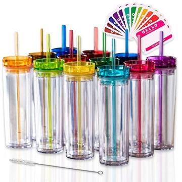 STRATA CUPS 12 Colored Skinny Clear Tumbler with Lids and Straws | 16oz Double Wall Clear Acrylic Tu...