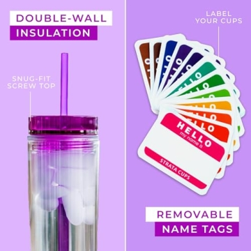 STRATA CUPS 12 Colored Skinny Clear Tumbler with Lids and Straws | 16oz Double Wall Clear Acrylic Tumblers Bulk With FREE Straw Cleaner & Name Tags! Reusable Cup With Clear Straw Tumbler