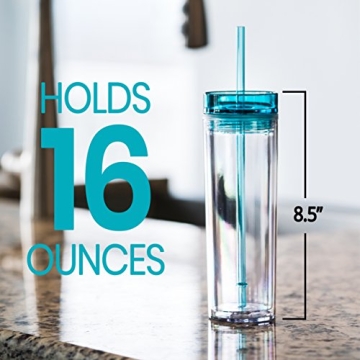 STRATA CUPS 12 Colored Skinny Clear Tumbler with Lids and Straws | 16oz Double Wall Clear Acrylic Tumblers Bulk With FREE Straw Cleaner & Name Tags! Reusable Cup With Clear Straw Tumbler