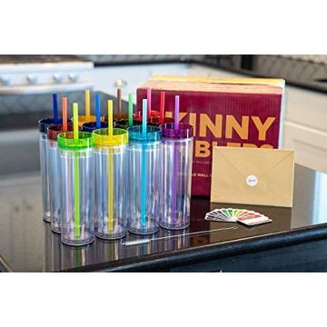 STRATA CUPS 12 Colored Skinny Clear Tumbler with Lids and Straws | 16oz Double Wall Clear Acrylic Tumblers Bulk With FREE Straw Cleaner & Name Tags! Reusable Cup With Clear Straw Tumbler