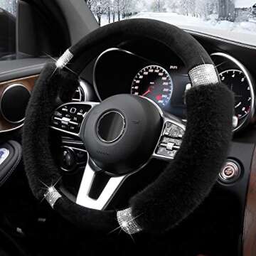 Achiou Rhinestone Fluffy Steering Wheel Cover - Comfortable Non-Slip Luxury Faux Wool, Universal Fit...