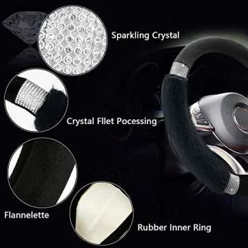 Achiou Rhinestone Fluffy Steering Wheel Cover - Comfortable Non-Slip Luxury Faux Wool, Universal Fit for 14.5" to 15" Steering Wheels