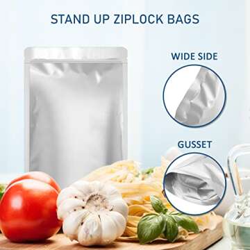 100pcs Mylar Bags 1 QUART - Thick 9.4 Mil - 7"x10" Airtight Vacuum Sealing Sealable Mylar Bags for Long Term Food Storage, Odor Free Heat Resistant - Light and Moisture Proof Fresh Saver Packs