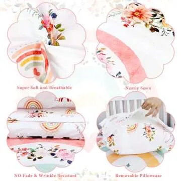 Toddler Bedding Sets for Girls, Rainbow Toddler Crib Bedding Set 4 Piece Pink Floral Toddler Comforter Set Includes Flat Top Sheet, Fitted Sheet, Comforter, Envelope Pillowcase, Soft & Comfort