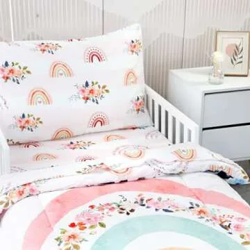 Toddler Bedding Sets for Girls, Rainbow Toddler Crib Bedding Set 4 Piece Pink Floral Toddler Comforter Set Includes Flat Top Sheet, Fitted Sheet, Comforter, Envelope Pillowcase, Soft & Comfort