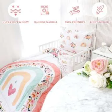 Toddler Bedding Sets for Girls, Rainbow Toddler Crib Bedding Set 4 Piece Pink Floral Toddler Comforter Set Includes Flat Top Sheet, Fitted Sheet, Comforter, Envelope Pillowcase, Soft & Comfort