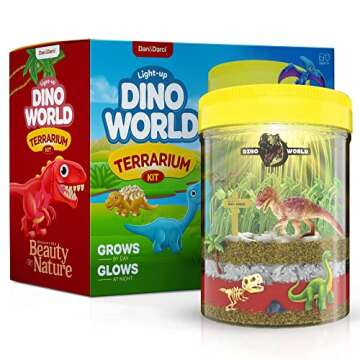Dino World Terrarium Kit for Kids - LED Light in Lid Dinosaur Easter Toys for Boys &, Girls Age 3, 4, 5, 6, 7, 8+ Year Old Boy Gifts - Toy Dinosaurs Garden - STEM Science Gardening Kits