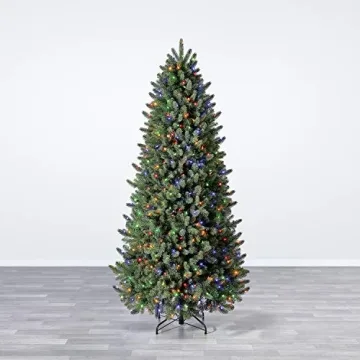 Evergreen Classics 7.5 ft Pre-Lit Vermont Spruce Quick Set Artificial Christmas Tree, Remote-Controlled Color-Changing LED Lights