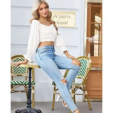 MIRACMODA Womens Elegant Off The Shoulder Puff Sleeve Blouse Summer Chiffon Slim Fit Party Crop Top White