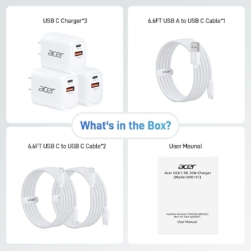 Acer USB C Charger Block 20W Dual Port with Cables