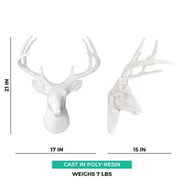 Wall Charmers Large White Faux Deer Head - 21 inch Faux Taxidermy Animal Head Wall Decor - Handmade Farmhouse Decor - Rustic Wall Decor Deer Antlers
