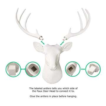 Wall Charmers Large White Faux Deer Head - 21 inch Faux Taxidermy Animal Head Wall Decor - Handmade Farmhouse Decor - Rustic Wall Decor Deer Antlers