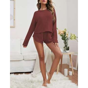 Ekouaer Womens Waffle Knit Pajama Sets Long Sleeve Top and Shorts Matching Lounge Set Sleepwear Loungewear Sweatsuit with Pockets Maroon Small