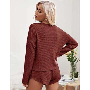 Ekouaer Womens Waffle Knit Pajama Sets Long Sleeve Top and Shorts Matching Lounge Set Sleepwear Loungewear Sweatsuit with Pockets Maroon Small