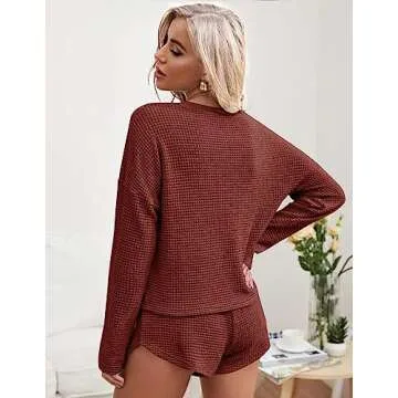 Ekouaer Womens Waffle Knit Pajama Sets Long Sleeve Top and Shorts Matching Lounge Set Sleepwear Loungewear Sweatsuit with Pockets Maroon Small