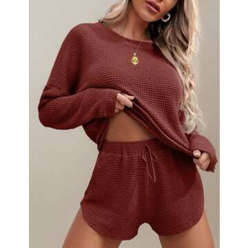 Ekouaer Womens Waffle Knit Pajama Sets Long Sleeve Top and Shorts Matching Lounge Set Sleepwear Loungewear Sweatsuit with Pockets Maroon Small