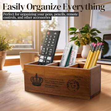 Flexzion Rustic Wood Pencil Holder for Desk - 3 Compartment Wooden Pen Holder Organizer Storage Cadd...