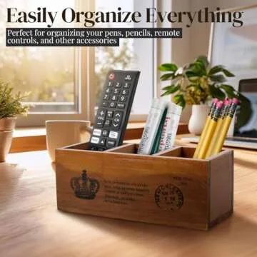 Flexzion Rustic Wood Pencil Holder for Desk - 3 Compartment Wooden Pen Holder Organizer Storage Cadd...