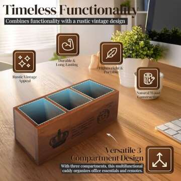 Flexzion Rustic Wood Pencil Holder for Desk - 3 Compartment Wooden Pen Holder Organizer Storage Caddy for Desktop & Table - Multi-Purpose Remote Control Holder for Home, School, & Office Accessories