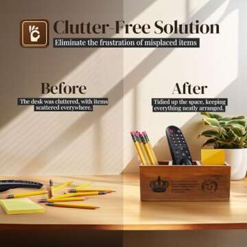 Flexzion Rustic Wood Pencil Holder for Desk - 3 Compartment Wooden Pen Holder Organizer Storage Caddy for Desktop & Table - Multi-Purpose Remote Control Holder for Home, School, & Office Accessories