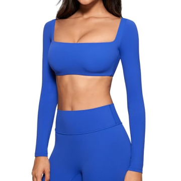 INGIA Womens Square Neck Long Sleeve Crop Top Workout Athletic Yoga Basic Tee Bandeau Fitted T-Shirt...
