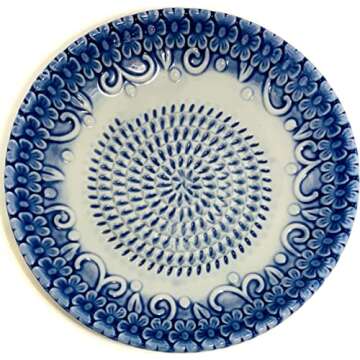 BonCera, All-in-one 4pcs Premium Ceramic Garlic Grater Set -Glazed Design Grater Plate w/Garlic Peeler, Gathering Brush, Display Stand, It's also grating Turmeric, Ginger, and more,