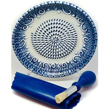 BonCera, All-in-one 4pcs Premium Ceramic Garlic Grater Set -Glazed Design Grater Plate w/Garlic Peeler, Gathering Brush, Display Stand, It's also grating Turmeric, Ginger, and more,