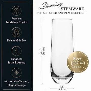 ELIXIR GLASSWARE Stemless Champagne Flutes - 8 oz - Set of 6 Crystal Glass Flutes, Hand Blown - Premium Crystal Champagne Glasses, Prosecco Wine Flute, Mimosa Glasses, Champagne Flutes Glass