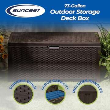 Suncast 73-Gallon Medium Deck Box - Lightweight Resin Indoor/Outdoor Storage Container and Seat for ...