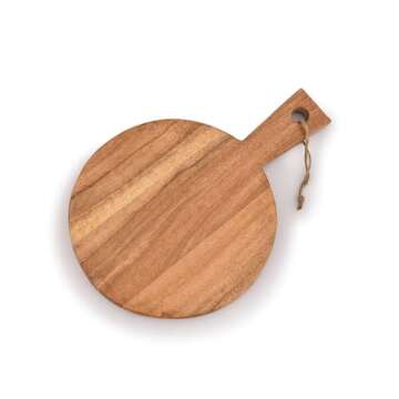 Samhita Round Acacia Wood Cutting Board with Handle for Chopping and Serving Charcuterie, Cheese, Pizza, Bread - Wall Décor (13" X 9" X 0.75")