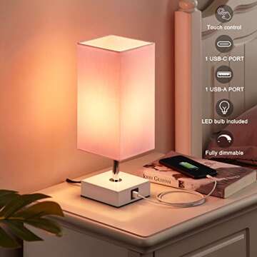 Ambimall Touch Control Table Lamp with 2 USB Charging Ports, 3 Way Touch Lamps Beside Desk, Nightstand Lamp for Bedrooms Living Room, Pink Shade with White Base, LED Bulb Included(Pink)