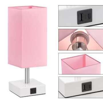 Ambimall Touch Control Table Lamp with 2 USB Charging Ports, 3 Way Touch Lamps Beside Desk, Nightstand Lamp for Bedrooms Living Room, Pink Shade with White Base, LED Bulb Included(Pink)