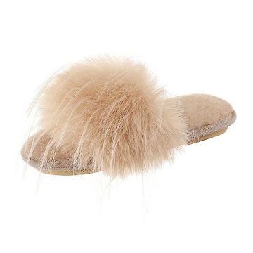 Women's Furry Slippers with Open Toe Design - Cozy Faux Fur Fluffy Slippers (Camel, 8.5-9)