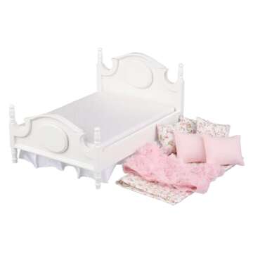 Dollhouse Furniture Mini Bed Set, Realistic Bedroom Accessories for 6 inch Dolls, Pillow, Wooden Fra...