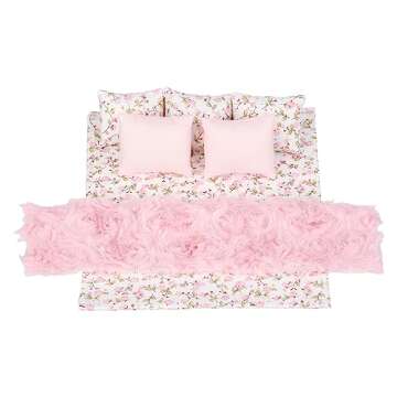 Dollhouse Furniture Mini Bed Set, Realistic Bedroom Accessories for 6 inch Dolls, Pillow, Wooden Frame, 1/12 Scale (White Bed, Pink Bedding)