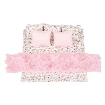 Dollhouse Furniture Mini Bed Set, Realistic Bedroom Accessories for 6 inch Dolls, Pillow, Wooden Frame, 1/12 Scale (White Bed, Pink Bedding)