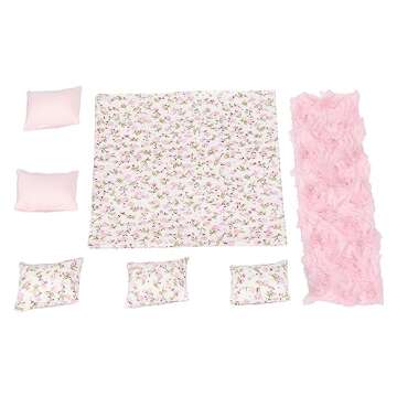 Dollhouse Furniture Mini Bed Set, Realistic Bedroom Accessories for 6 inch Dolls, Pillow, Wooden Frame, 1/12 Scale (White Bed, Pink Bedding)