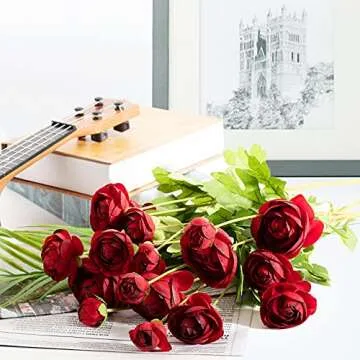 GLSATEMAN Artificial Silk Flowers Persian Buttercup Ranunculus Flower 5 Pcs,Suitable for core Decor,Wedding Floral Creation,Flower Arrangement DIY Project,Interior Decor (Red)