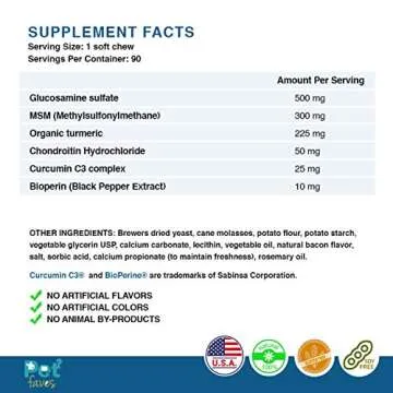Natural Dog Hip & Joint Supplement for Dogs Arthritis Pain Relief. Turmeric Curcumin with Black Pepper for Anti Inflammatory. Tumeric MSM Glucosamine Chondroitin for Dogs Healthy Joints - 90 Chews