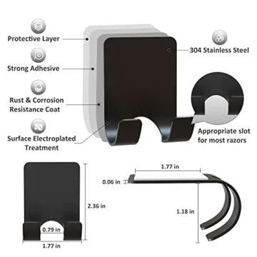 VIS'V Adhesive Razor Holder, Black Metal Razor Hooks Shower Stick on Razor Hanger Waterproof Bathroom Blade Shaver Holder Wall Mount for His and Hers 2 Pcs