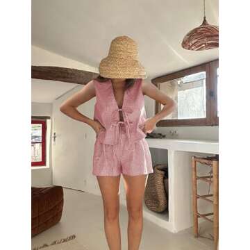 Women Casual Summer Lounge Set Y2k 2 Piece Outfits Set Sleeveless Tie Front Tank Top Vest Boxer Shor...