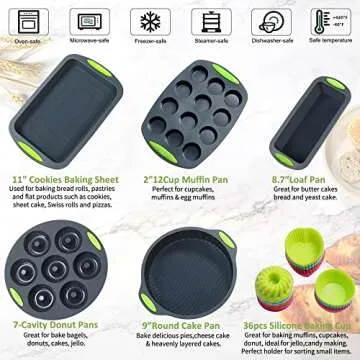 To encounter 41 Pieces Silicone Baking Pan Set, Silicone Cake Molds, Baking Sheet, Donut Pan, Silicone Muffin Pan with 36 Pack Silicone Baking Cups, Dishwasher Safe