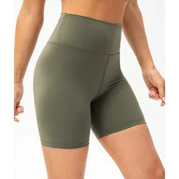 Lavento Women's Naked Feeling Biker Shorts 6 inch - High Waisted Ultra Soft Workout Yoga Shorts with Rear Pocket (Olive Green, 6)